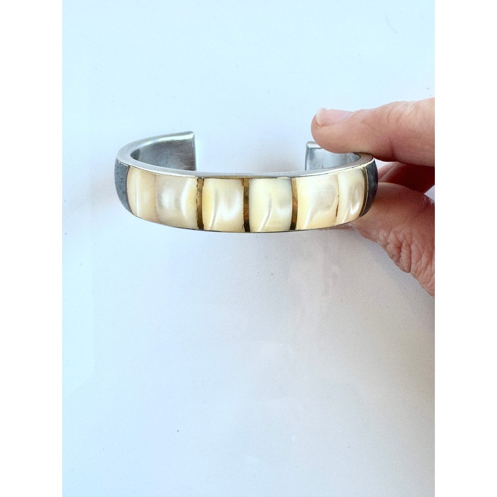 Two Tone Vintage Style Cuff Bracelet Shell Inlay Silver Tone Lava Rock Look Wide